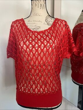 Deb Open-Knit Red/Orange Short Sleeve Layering Top With Silver Foil
